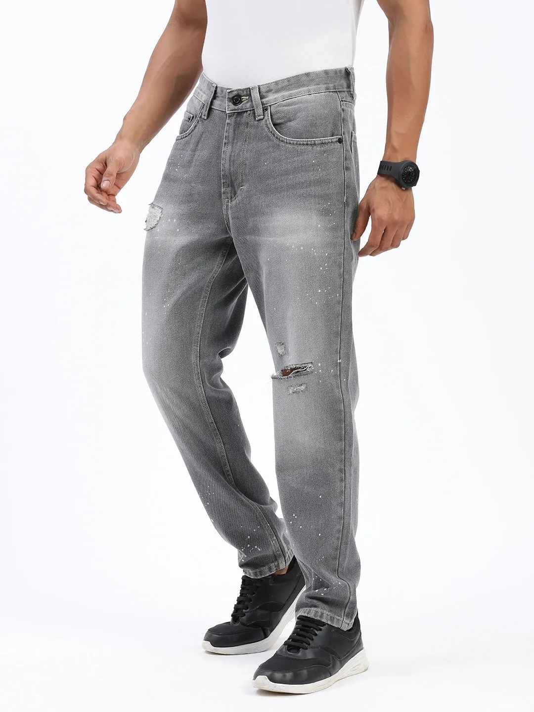 Smooth Picnic Style Men's Grey Regular Fit Cropped Jeans