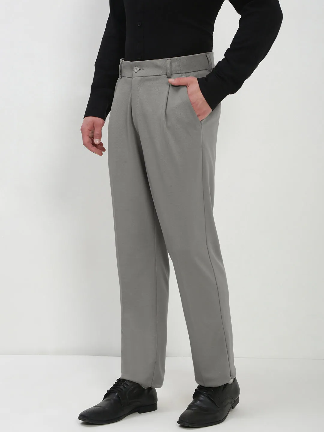 AdjustableWaistband Men's Grey Regular Fit Formal Trouser