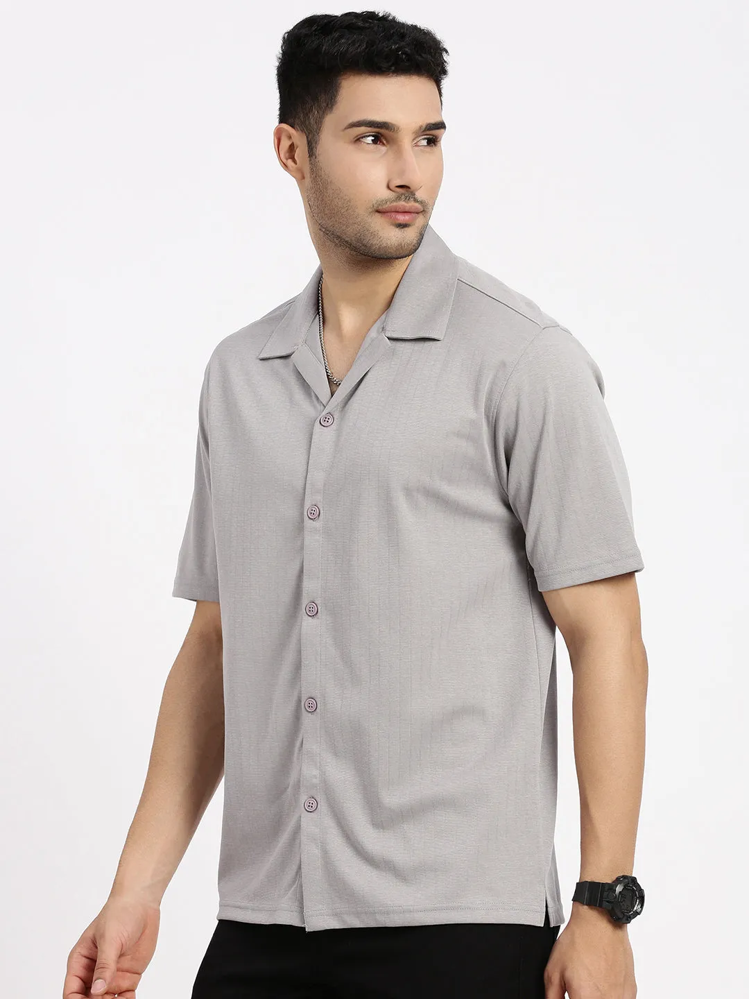 Men's Grey Relaxed Fit Cuban Collar Solid Shirt Couple Look