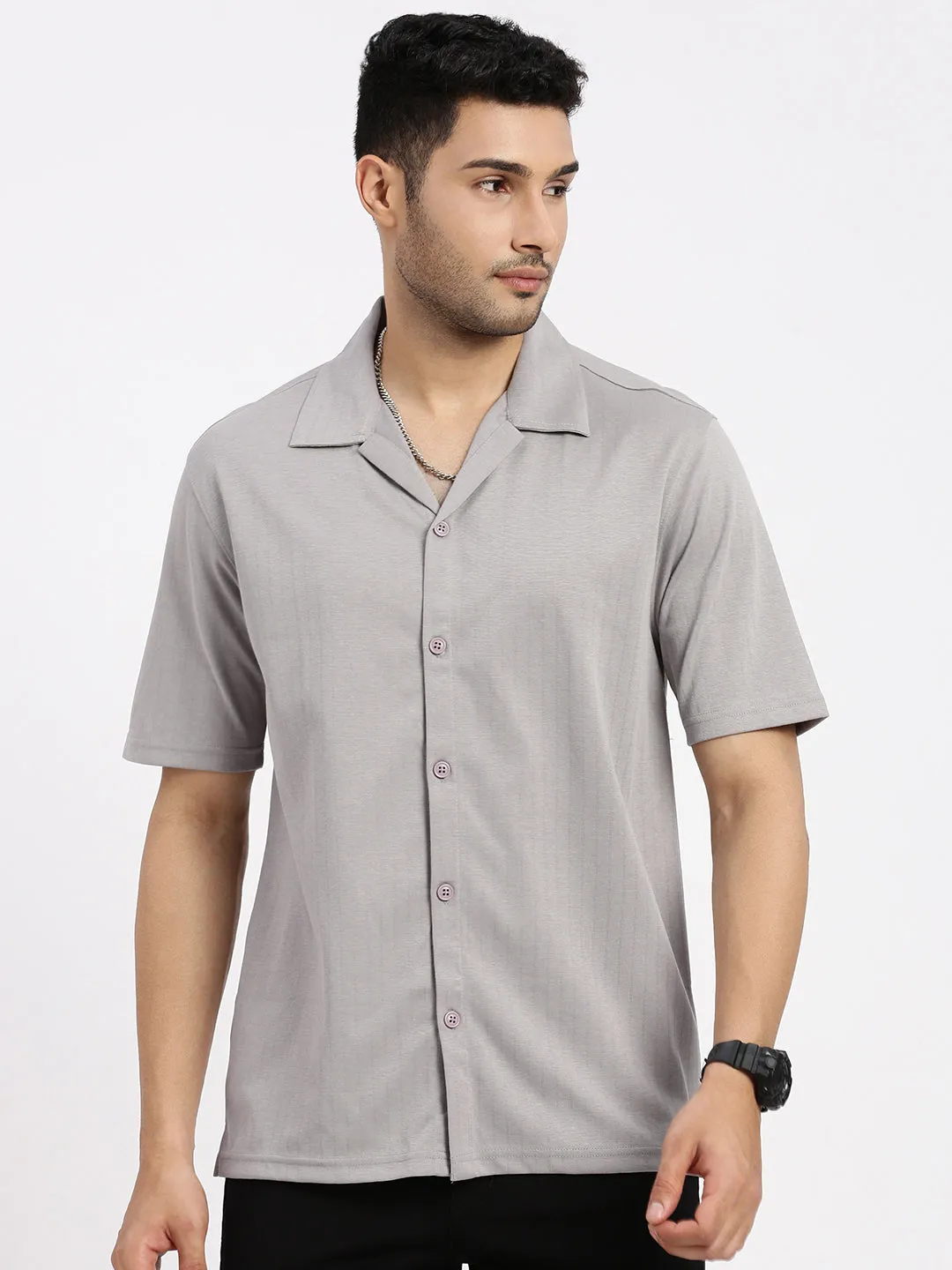 EcoFriendlyTextile Easy Wear Men's Grey Relaxed Fit Cuban Collar Solid Shirt