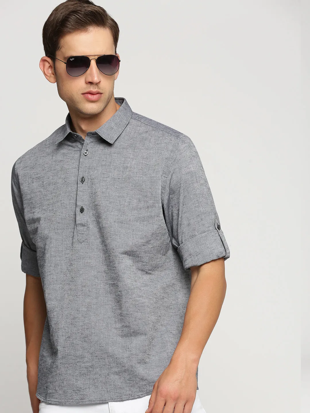 Soft Core DoubleLayerReinforcement Men's Grey Shirt Collar Linen Shirt