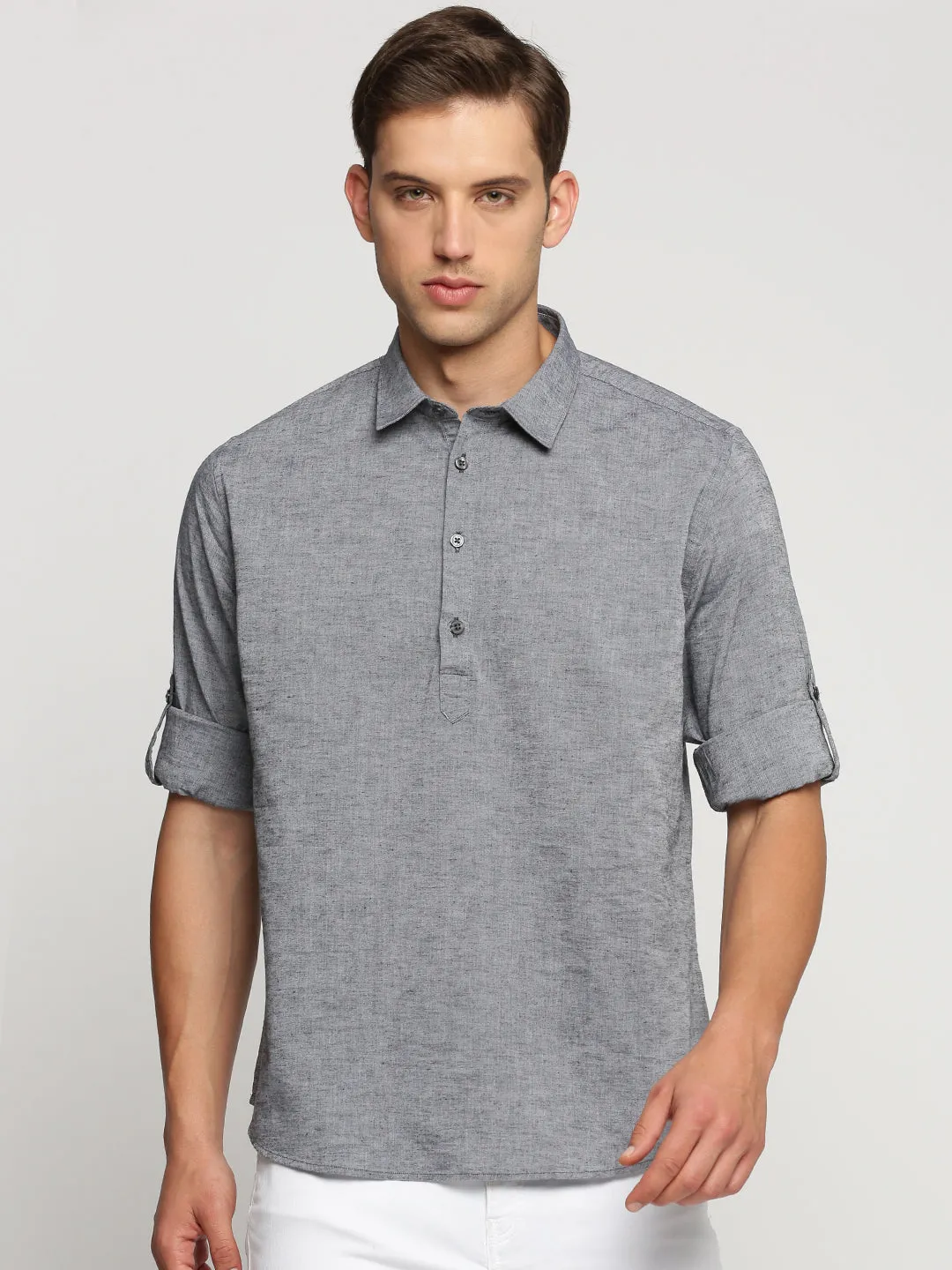Men's Grey Shirt Collar Linen Shirt Layered Paneling