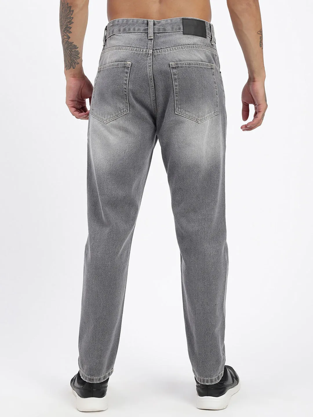 Men's Grey Slim Fit Cropped Light Fade Jeans Artist Vibe Work Meeting Casual Foundation Piece