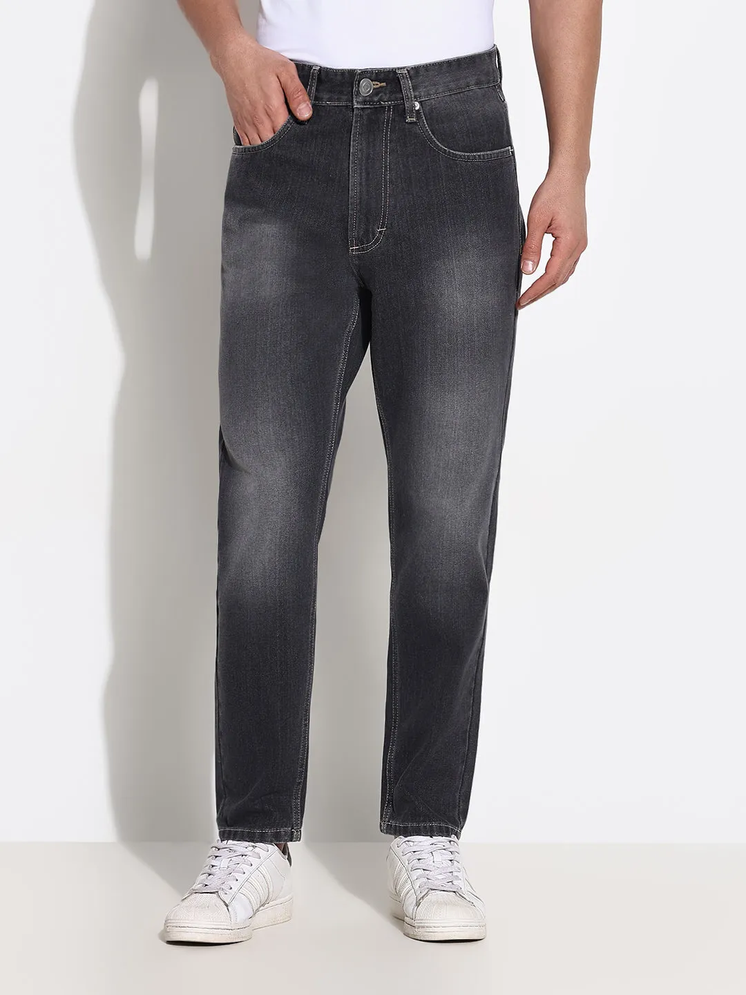 Men's Grey Slim Fit Heavy Fade Acid Wash Jeans True Comfort