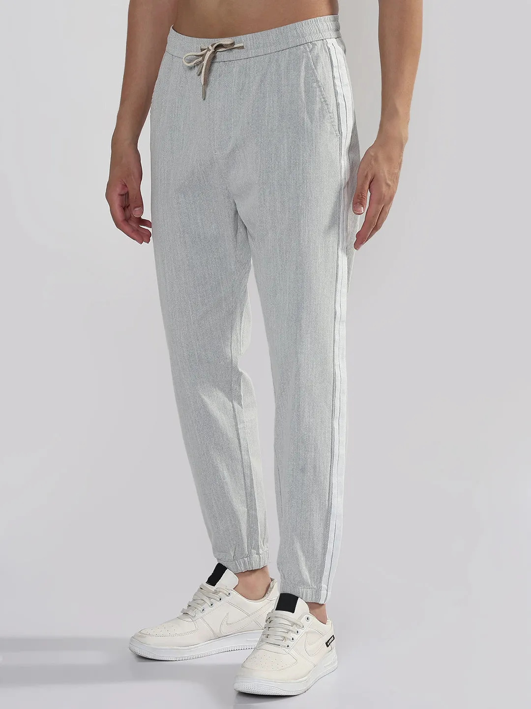 Men's Grey Slim Fit Linen Joggers with Side Strips Casual Performance Fit Modular Pocket System