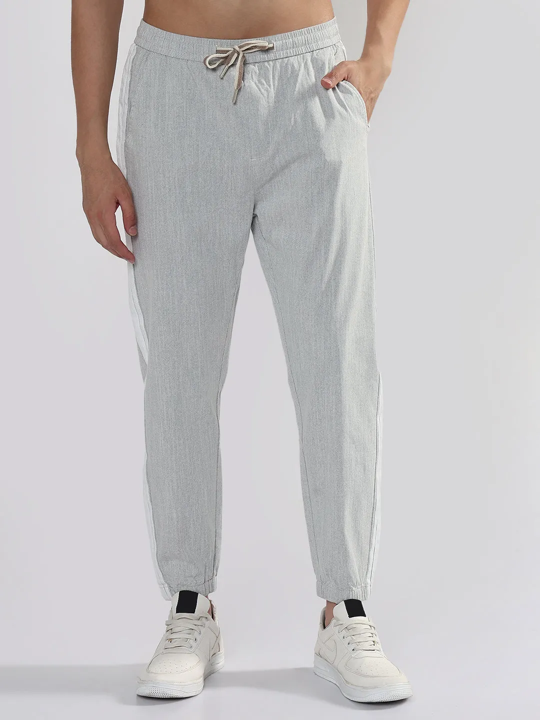 Workout Ready Men's Grey Slim Fit Linen Joggers with Side Strips