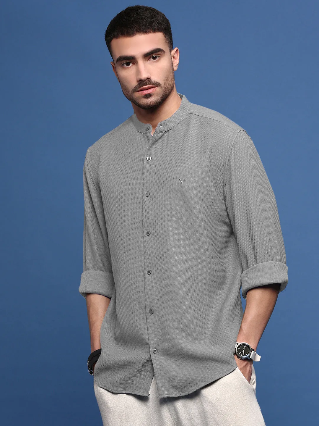 Bright Color Global Edge Men's Grey Slim Fit Shirt