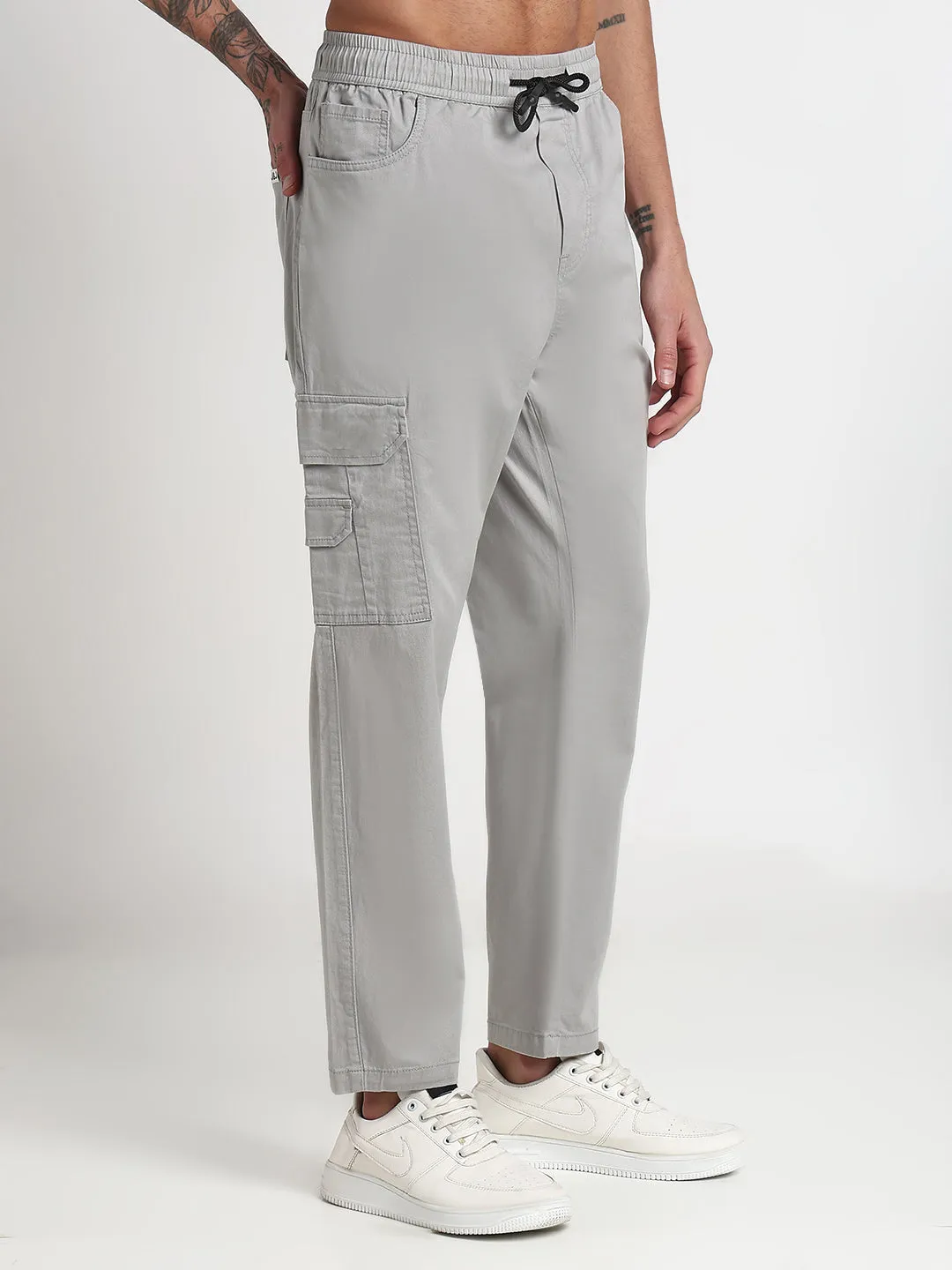 Men's Grey Solid Cargo Joggers Relaxed Design
