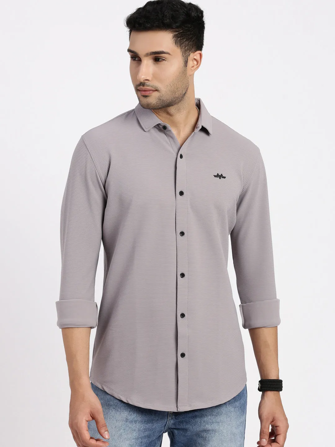 Men's Grey Solid Casual Slim Fit Shirt AdjustableWaistband Layer Light
