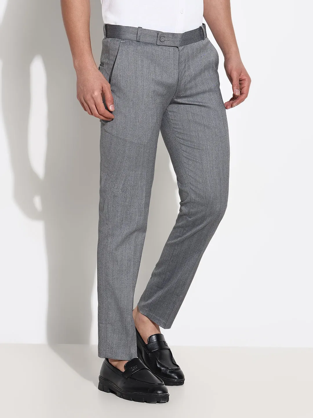 Sustainable Material Blend Men's Grey Solid Formal Low-Rise Trousers