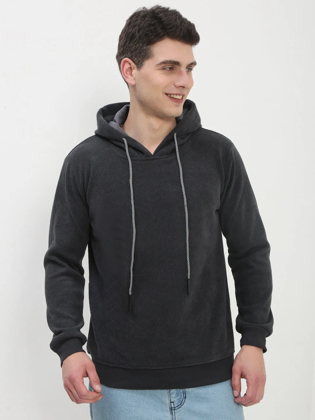 Fashion Essential Men's Grey Solid Hooded Sweatshirt