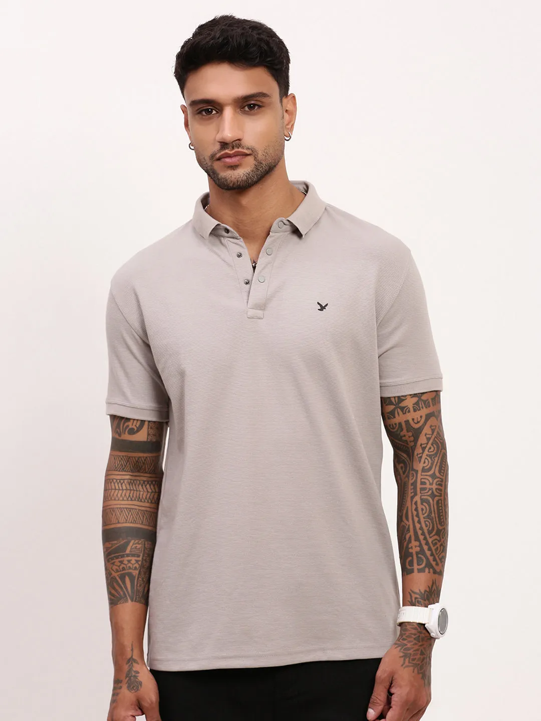 Men's Grey Solid Polo Collar Cotton T-Shirt Comfy Vibe product display