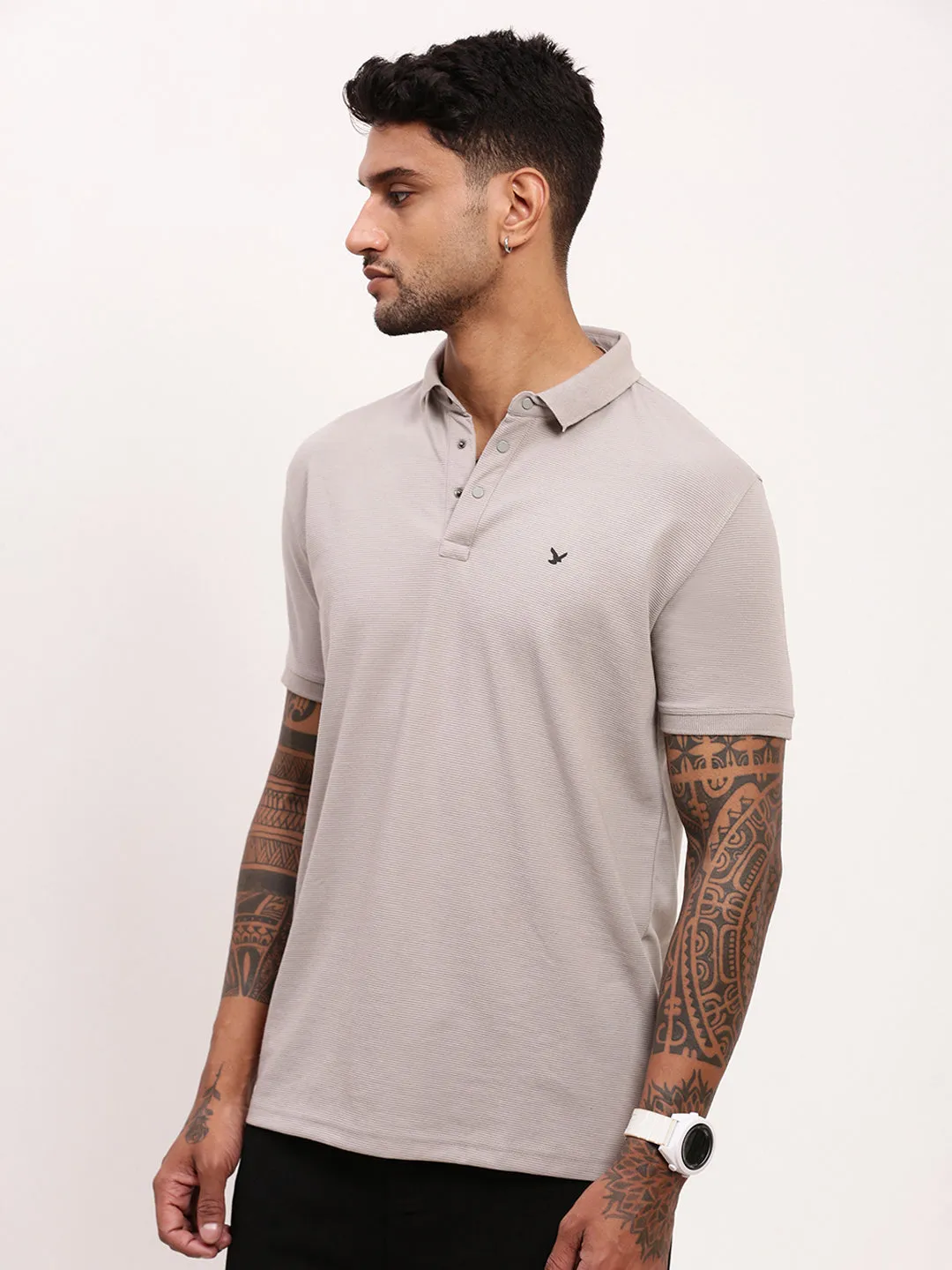 Men's Grey Solid Polo Collar Cotton T-Shirt tag accents product marbled pattern