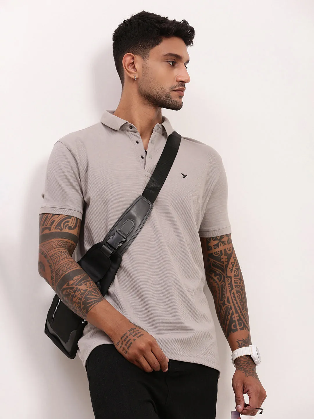 Street Staple Men's Grey Solid Polo Collar Cotton T-Shirt