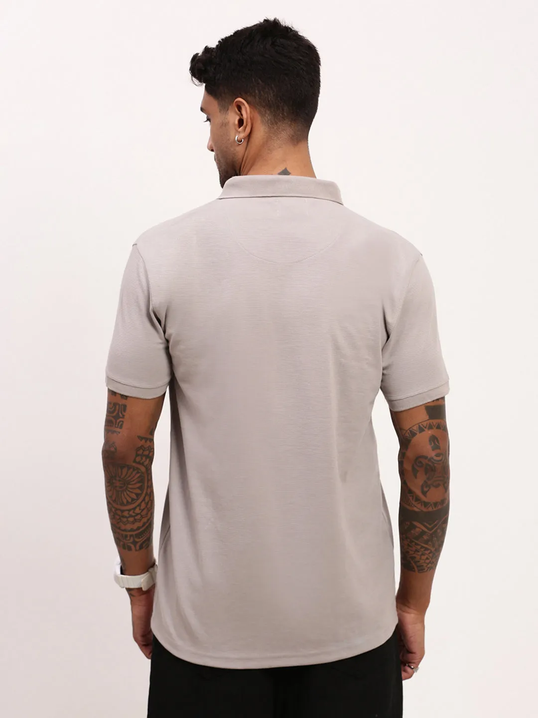 Men's Grey Solid Polo Collar Cotton T-Shirt Office Casual weekday wear