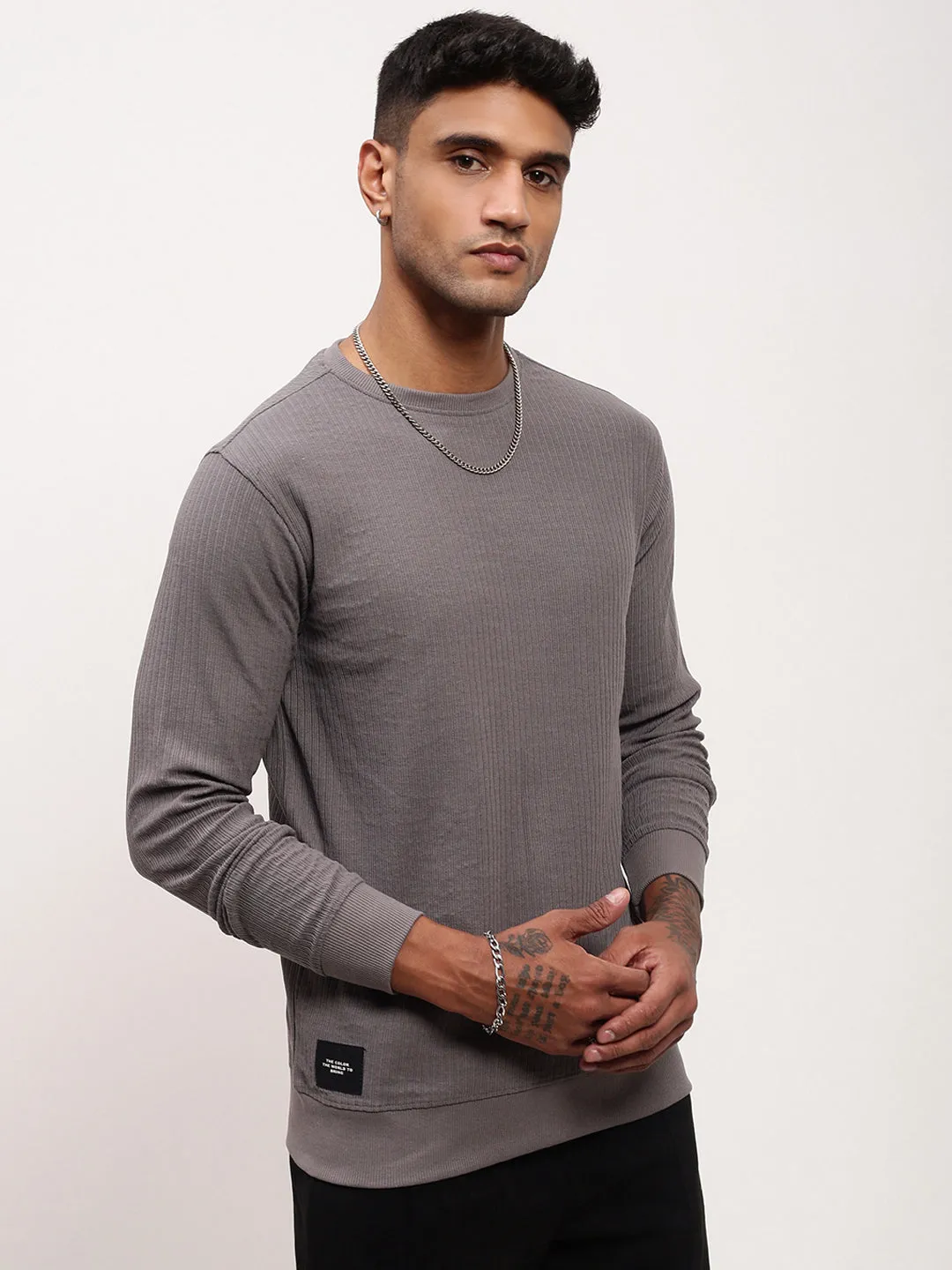 Luxury Men's Grey Solid Ribbed Cotton Sweatshirt