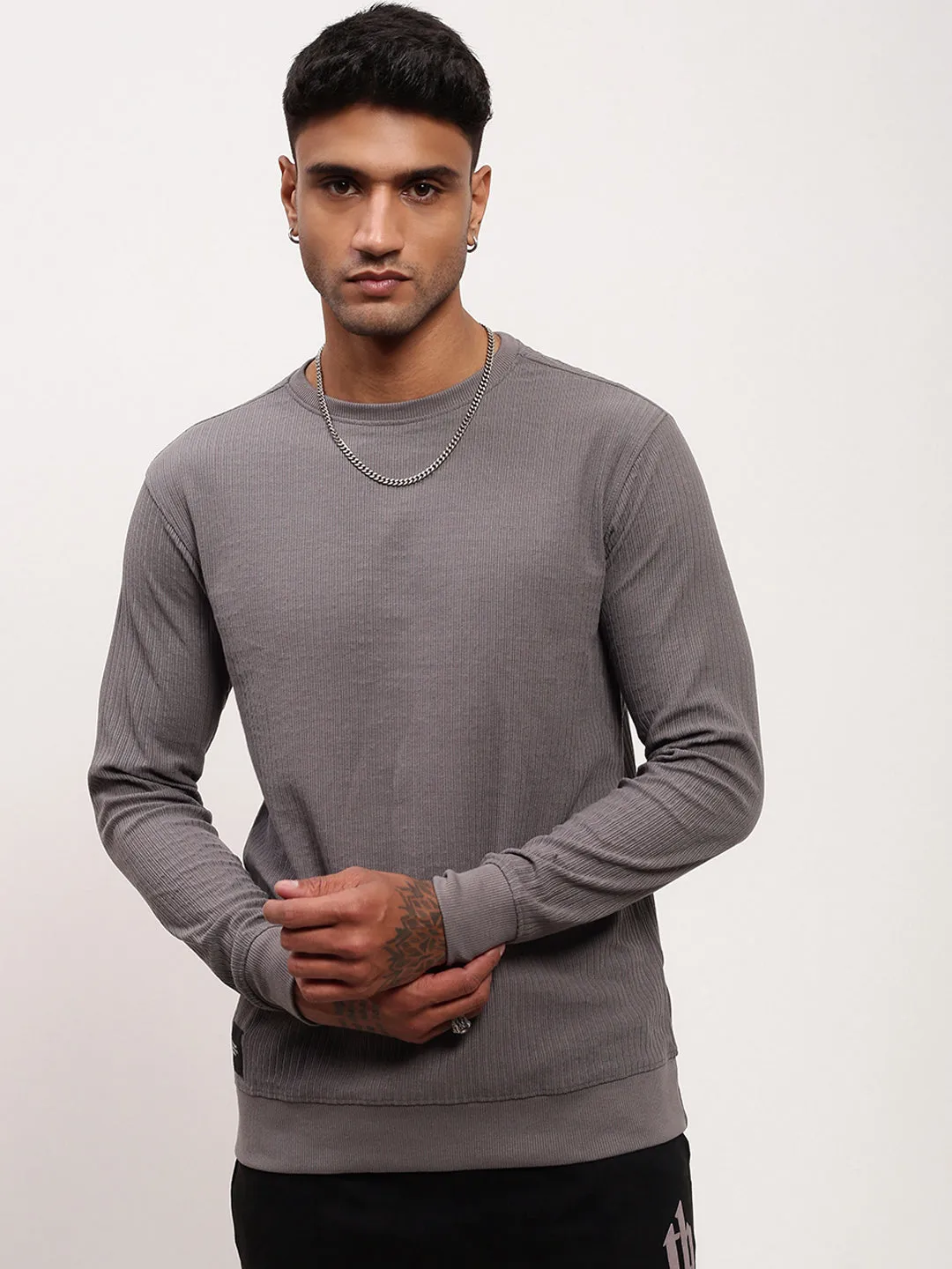 Soft Feel Men's Grey Solid Ribbed Cotton Sweatshirt