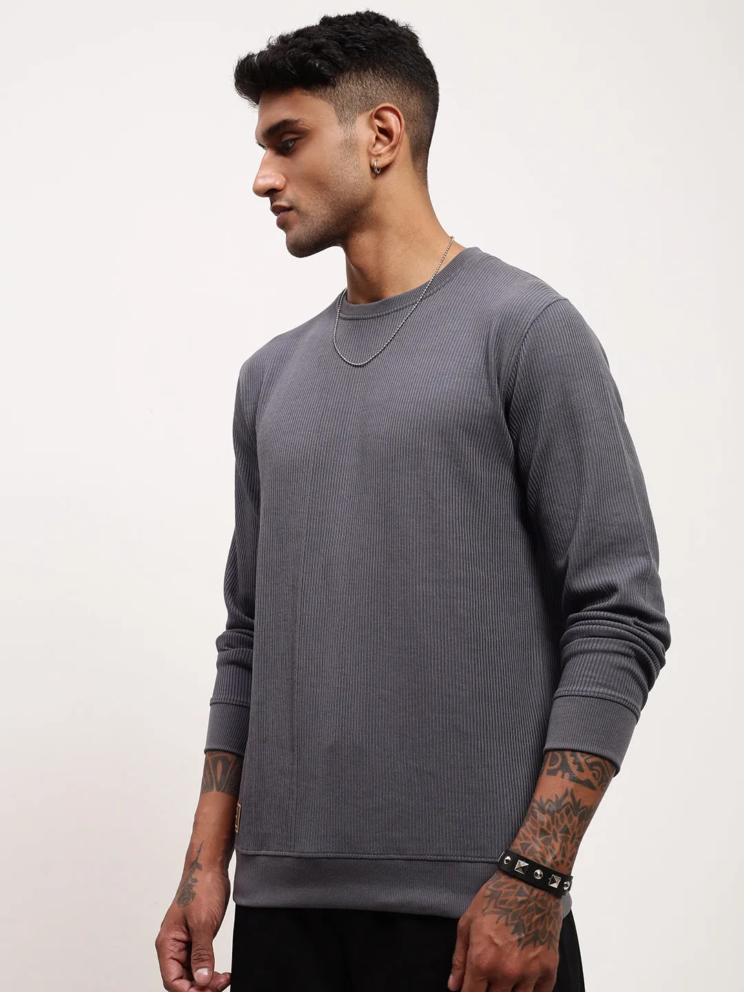 Cold-Weather Gear product checkered classicism Men's Grey Solid Round Neck Cotton Sweatshirt