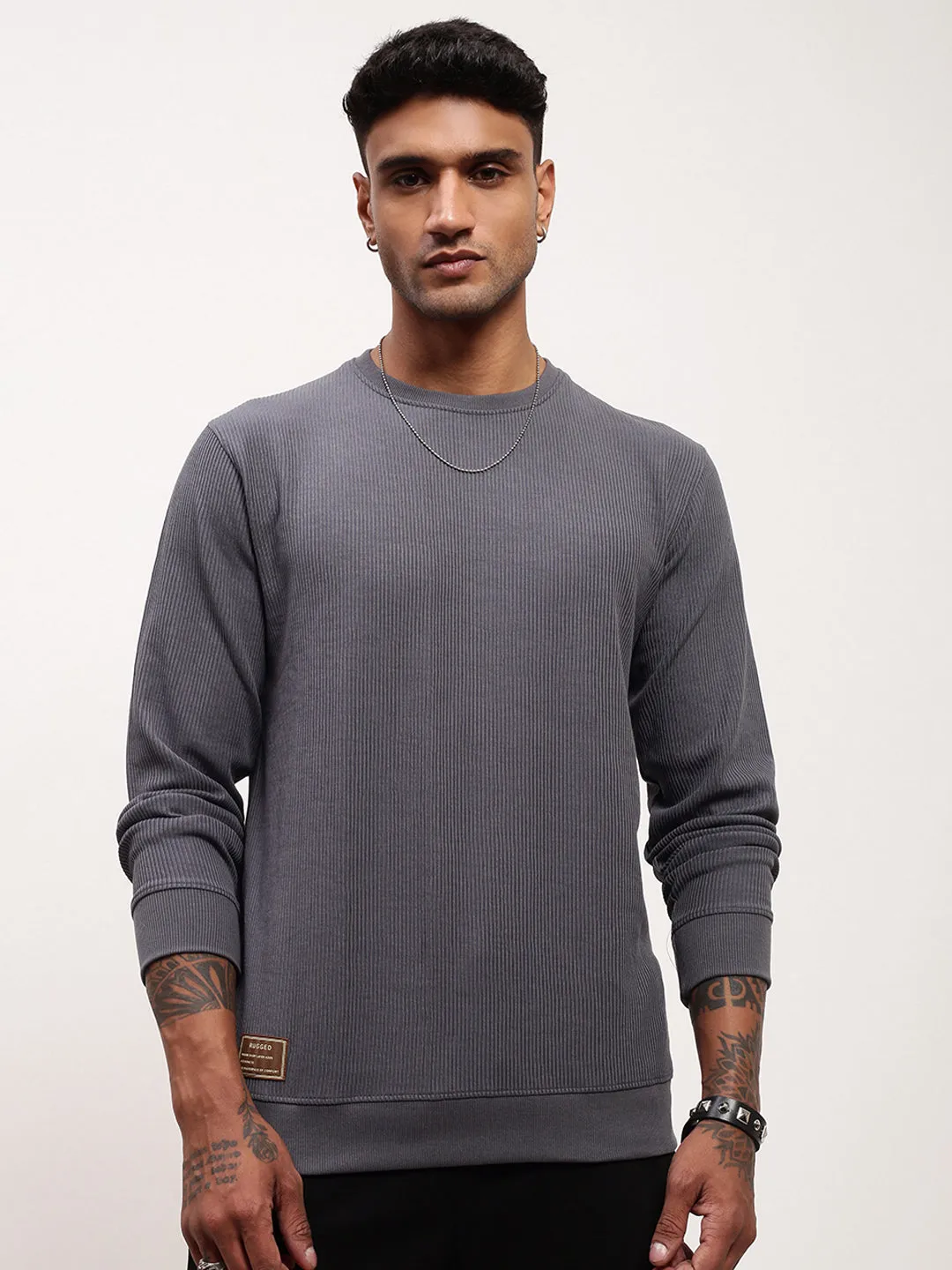 product tropical vibrancy Men's Grey Solid Round Neck Cotton Sweatshirt