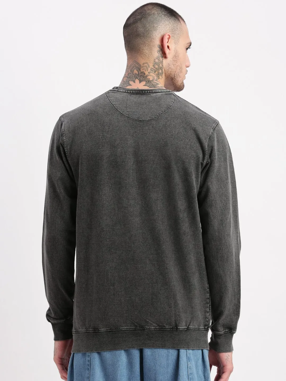 product tweed warmth Warm Men's Grey Solid Round Neck Pullover