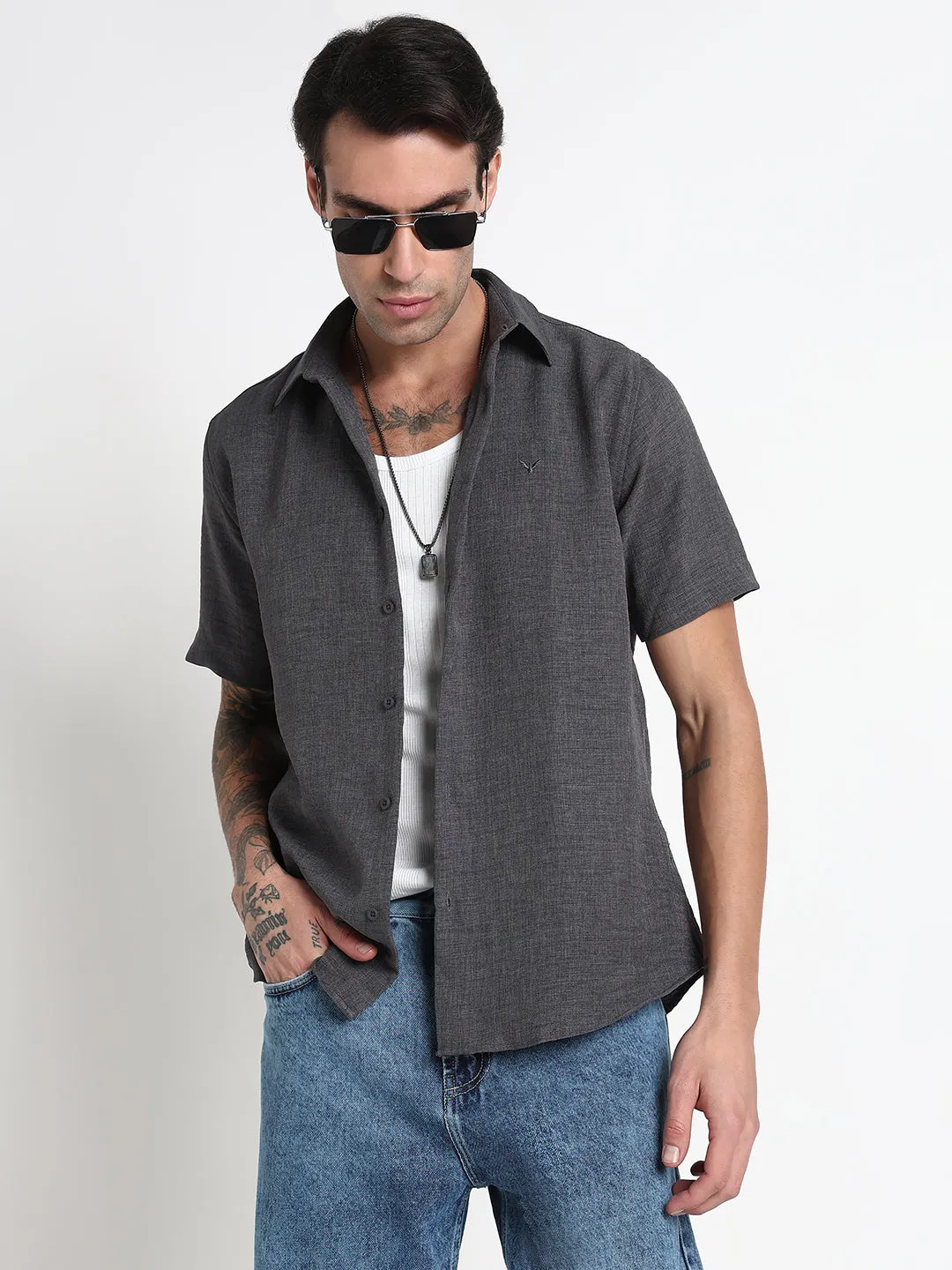 Tough Core Men's Grey Solid Slim Fit Chambray Shirt