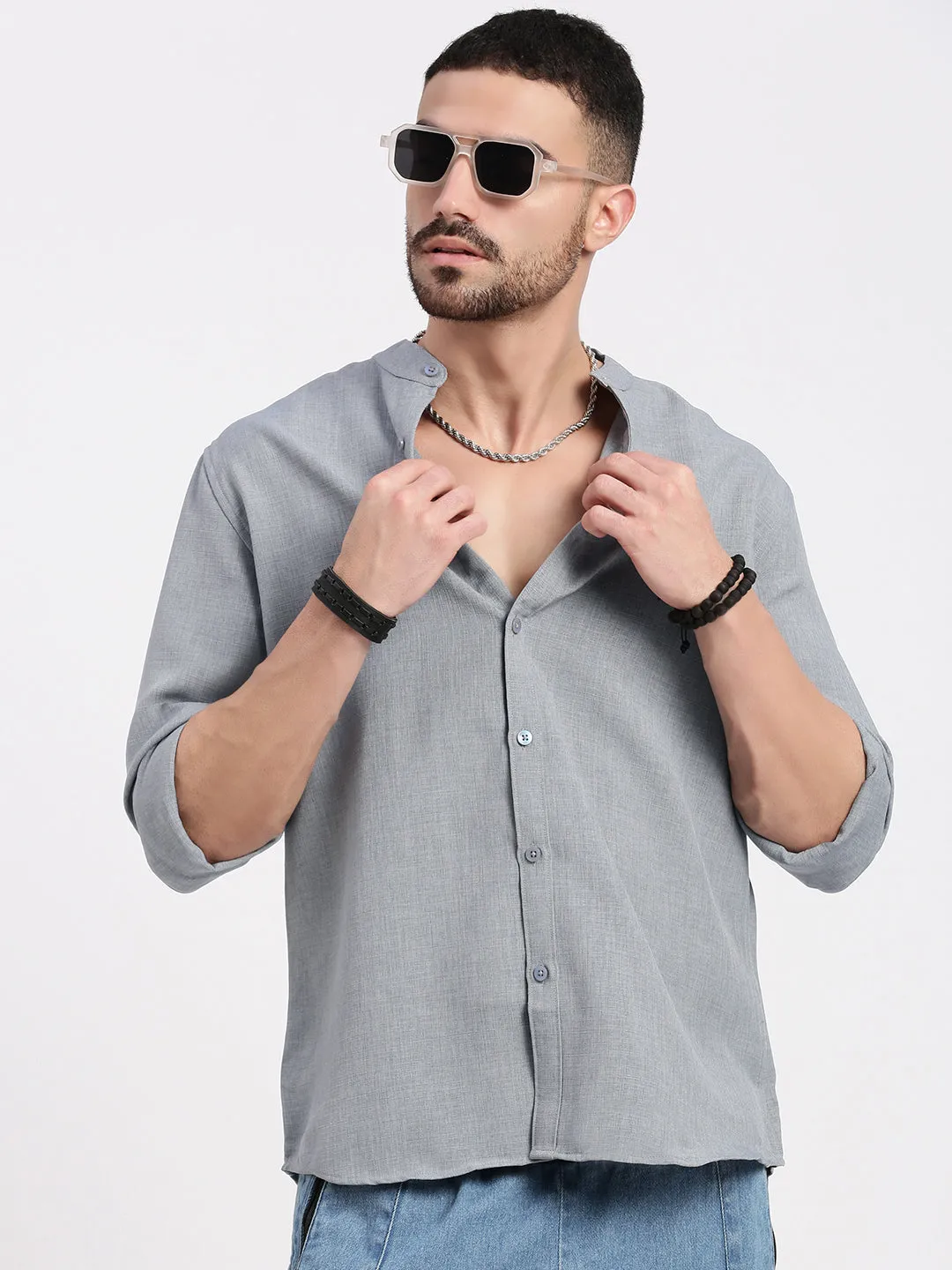 Men's Grey Solid Slim Fit Cotton Shirt Lightweight Layering Warm Fashion