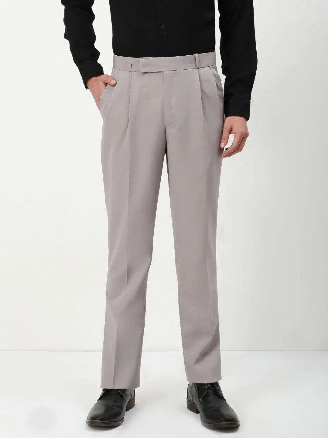 Quality Material Wide fit Men's Grey Solid Slim Fit Formal Trousers
