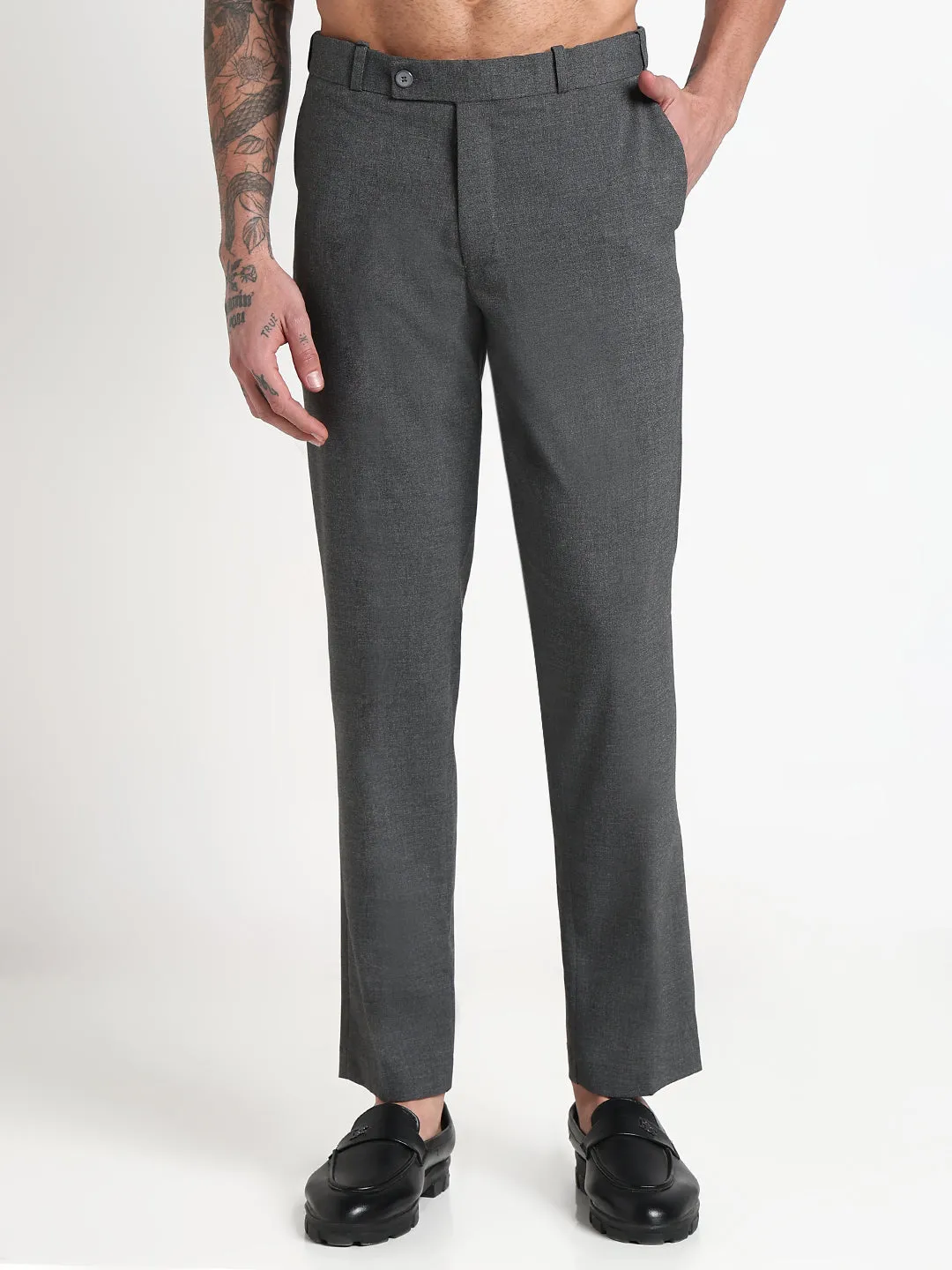 Men's Grey Solid Slim Fit Formal Trousers Mesh Comfort