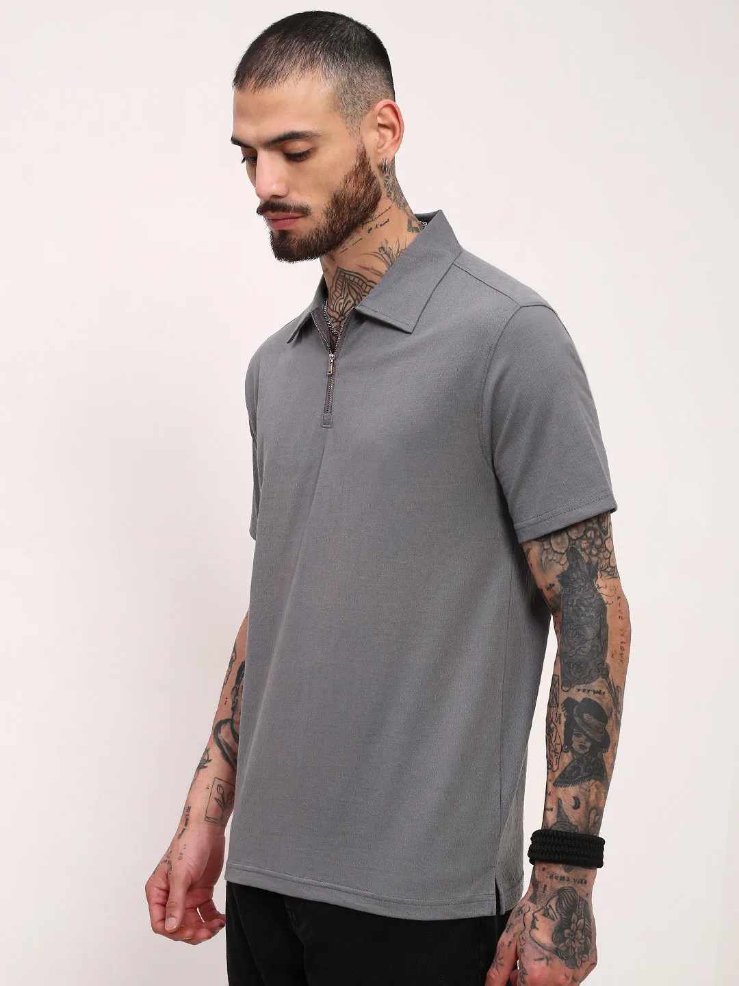 Men's Grey Solid Slim Fit Polo Neck T-Shirt Fashion Top mountain style