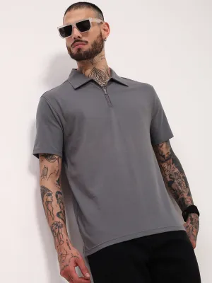 Men's Grey Solid Slim Fit Polo Neck T-Shirt Chill Apparel
