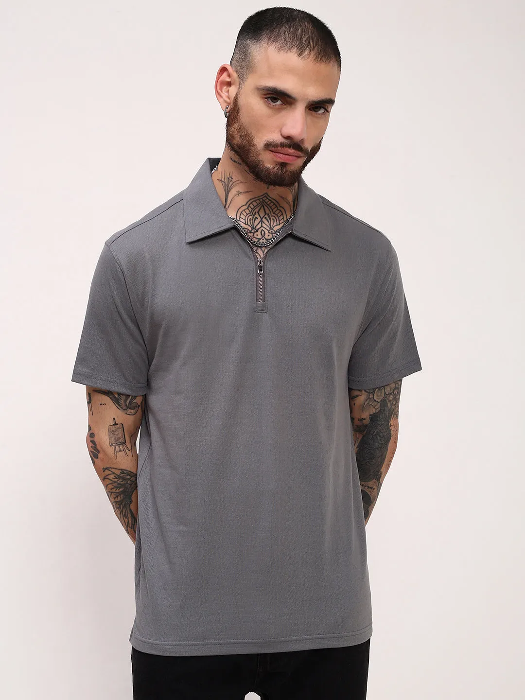 Cozy Essentials product eco friendly conscience Men's Grey Solid Slim Fit Polo Neck T-Shirt