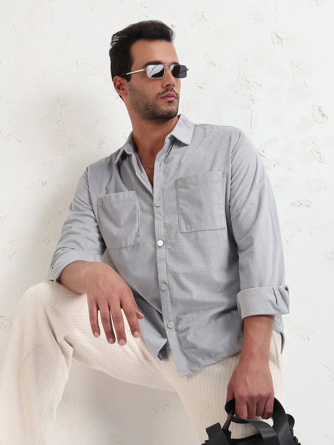 Club Mode Men's Grey Solid Slim Fit Shirt