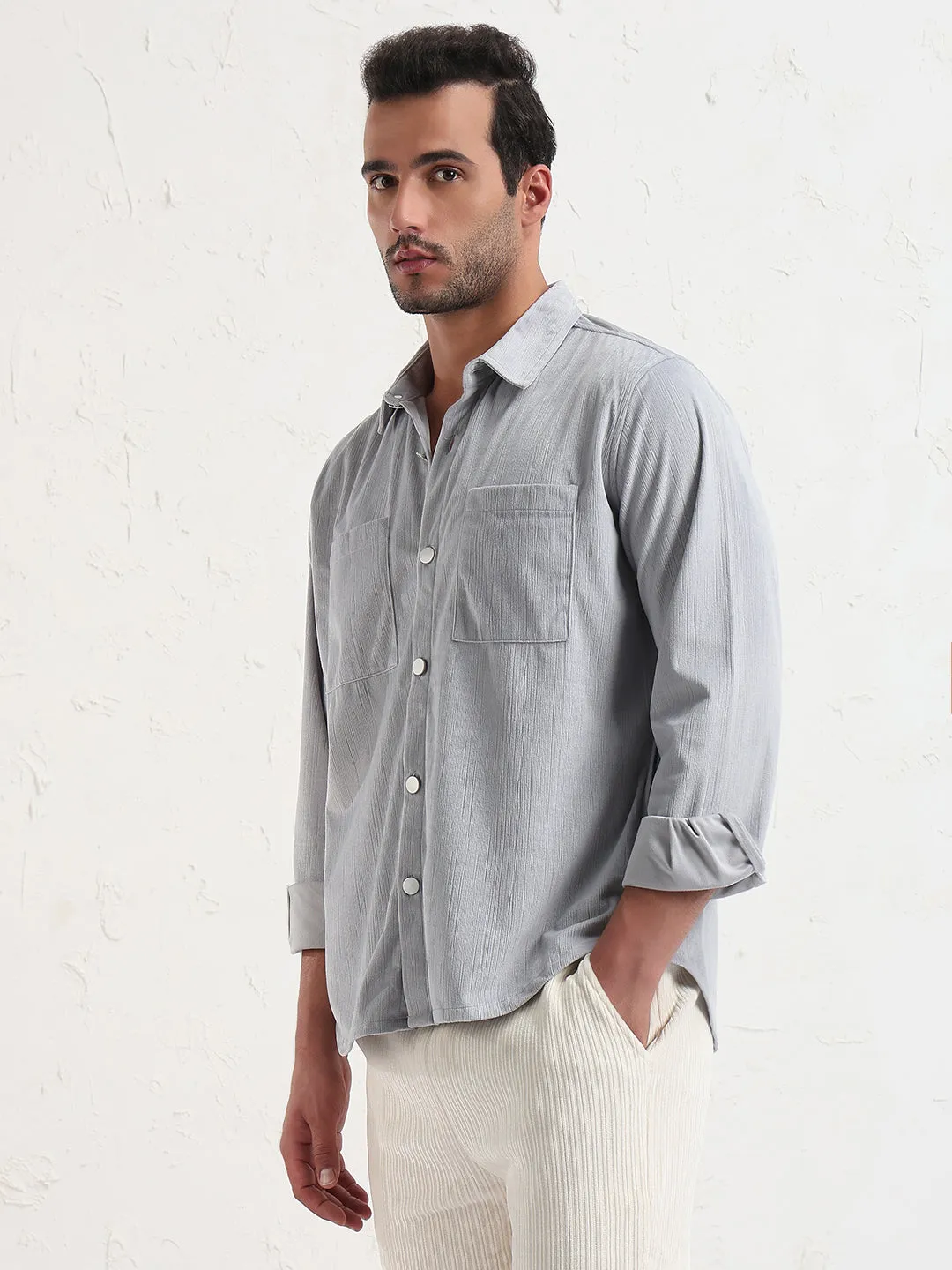 MoistureWicking Fabric Lake Glow Men's Grey Solid Slim Fit Shirt