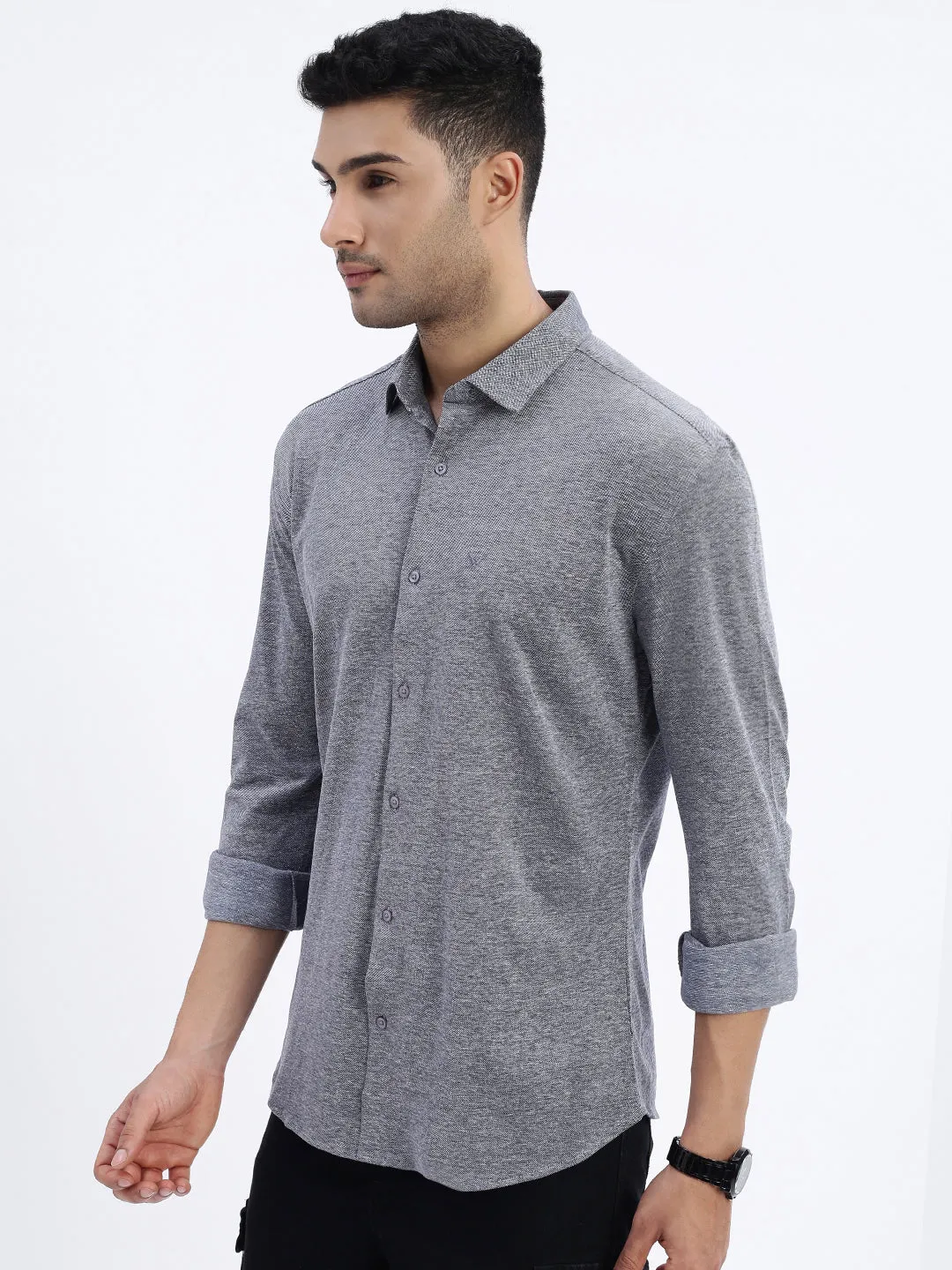 Men's Grey Solid Slim Fit Shirt Smile Ease