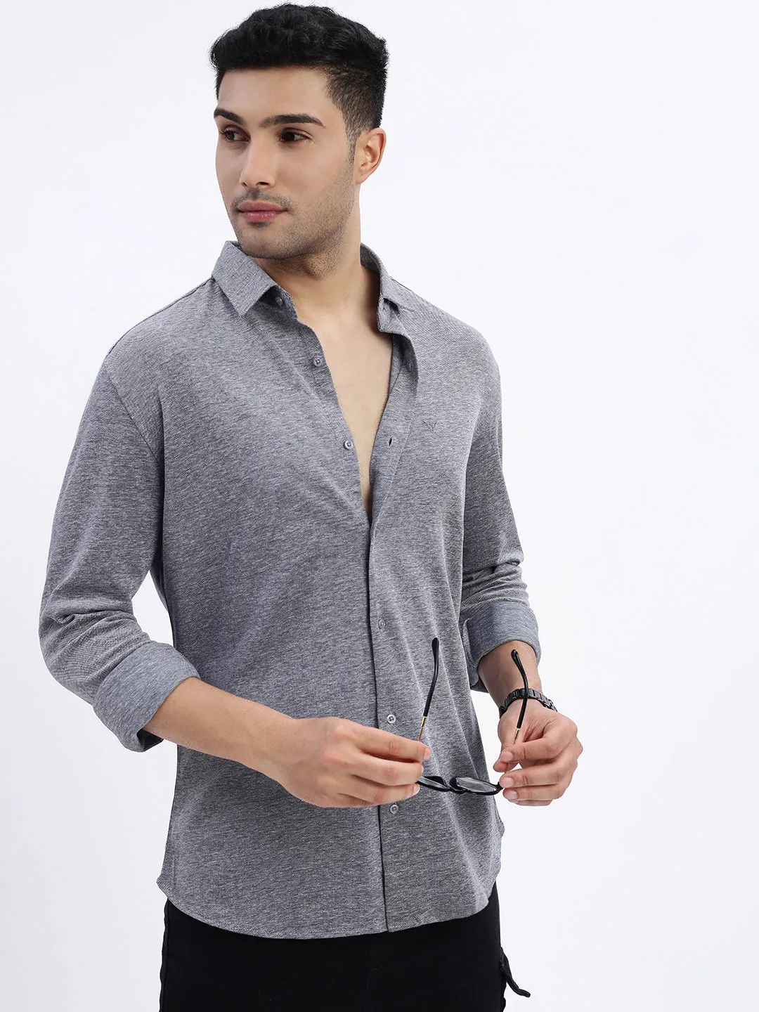 Men's Grey Solid Slim Fit Shirt Everyday Fashion