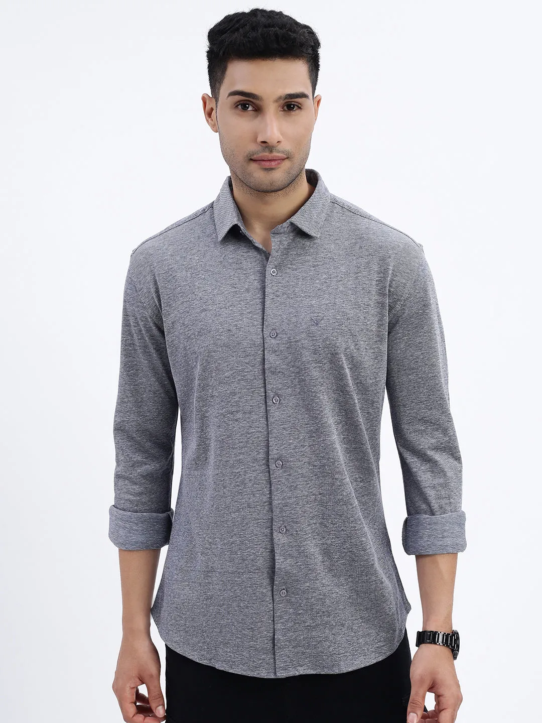 Ventilated Back Panel Men's Grey Solid Slim Fit Shirt