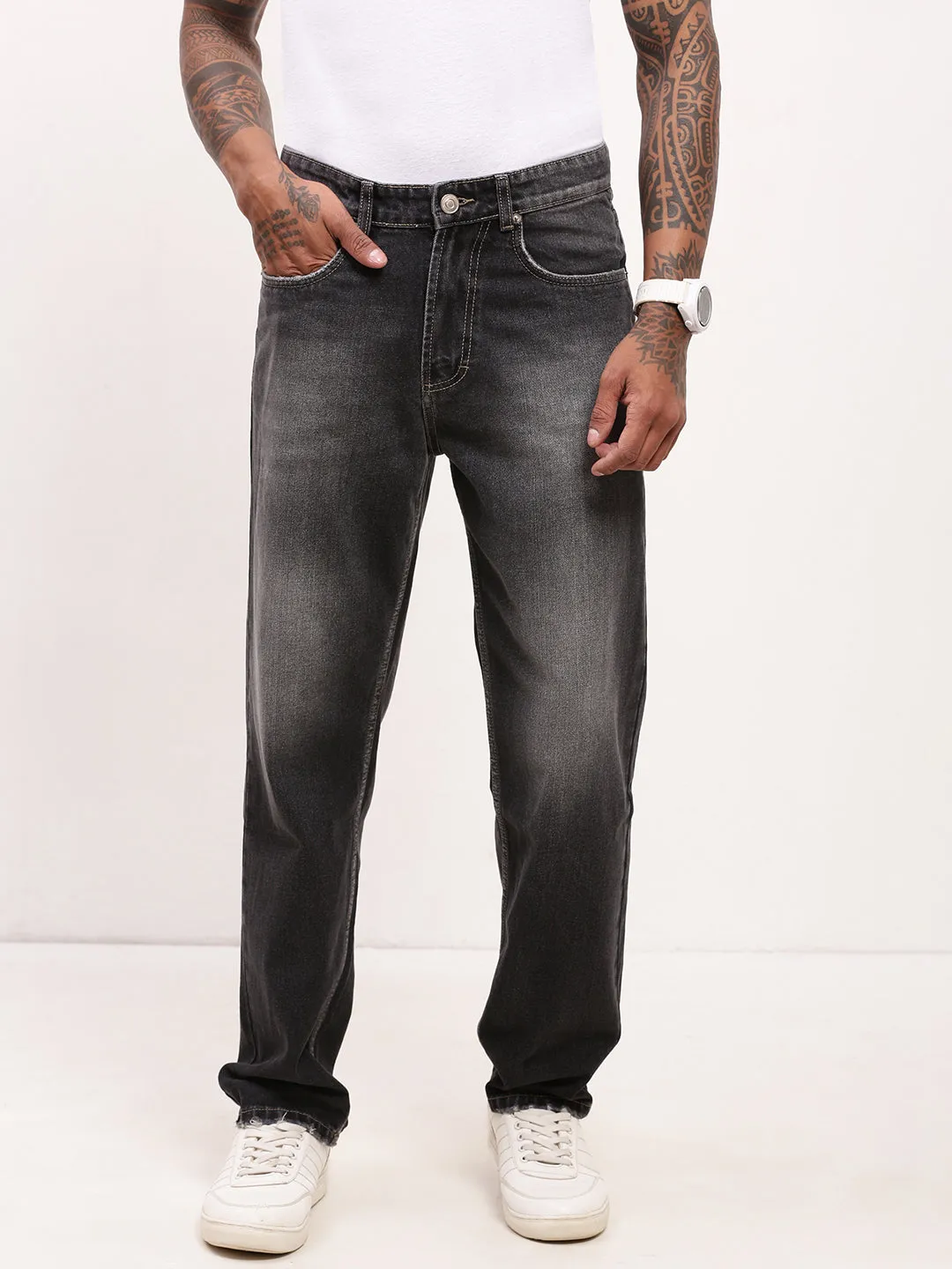 Men's Grey Solid Straight Fit Acid Wash Jeans Smart Casual