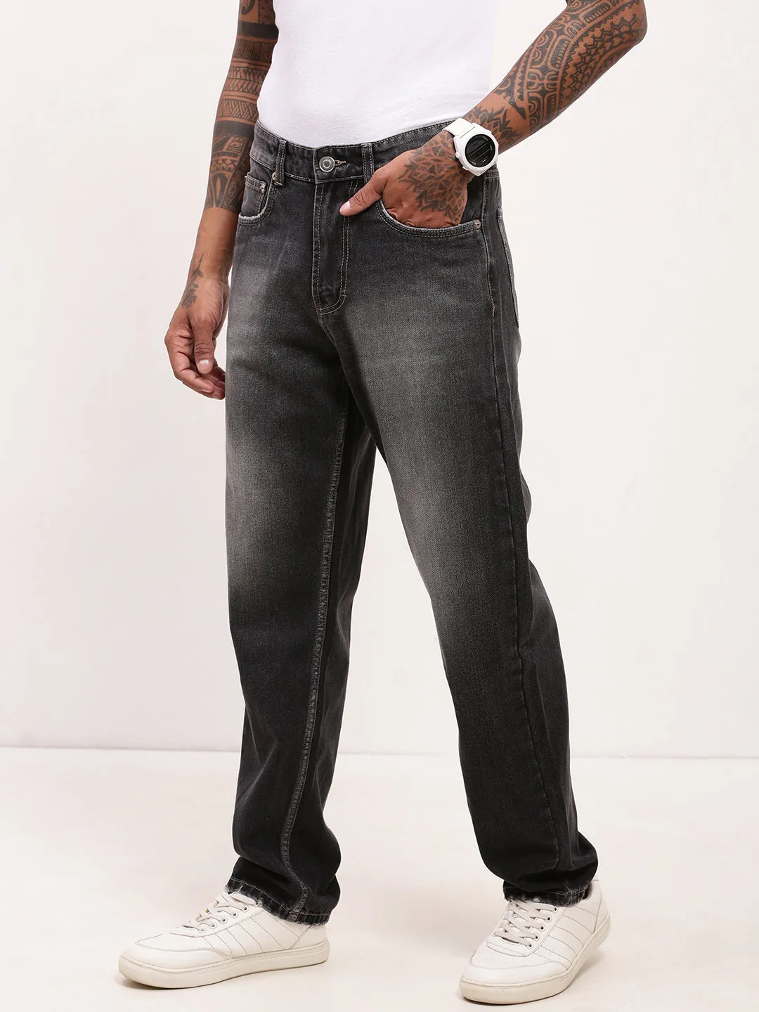 Men's Grey Solid Straight Fit Acid Wash Jeans Anytime Wear