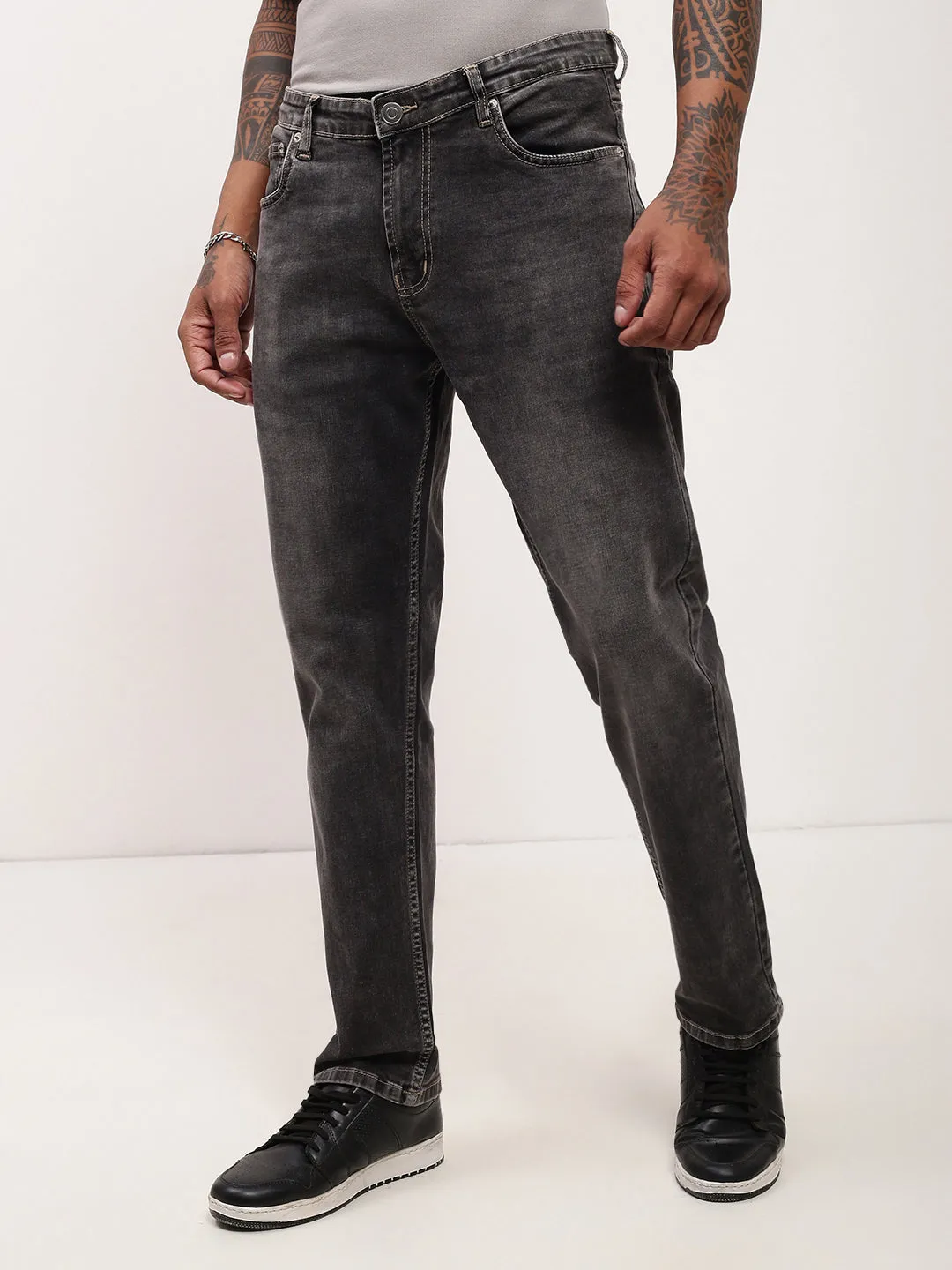 Men's Grey Solid Straight Fit Acid Wash Stretchable Jeans Street Inspired Modern Casual