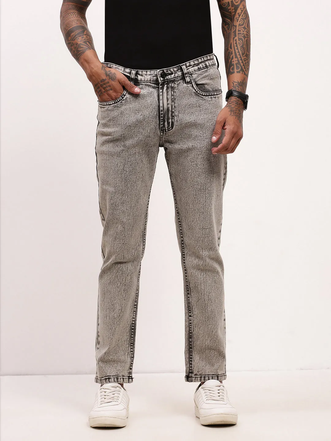 Men's Grey Solid Straight Fit Low-Rise Heavy Fade Jeans Sustainable Dye Methods Morning Stroll Sustainable Classic