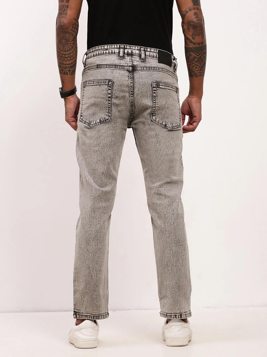 Men's Grey Solid Straight Fit Low-Rise Heavy Fade Jeans Smooth Loose Versatile