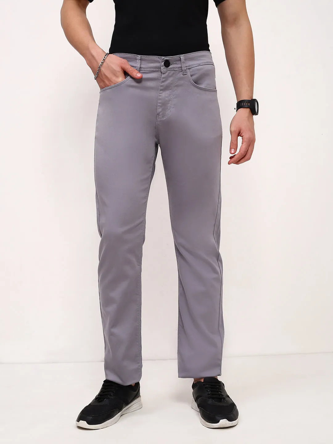 Clean Shape Men's Grey Solid Straight Fit Low-Rise Stretchable Jeans