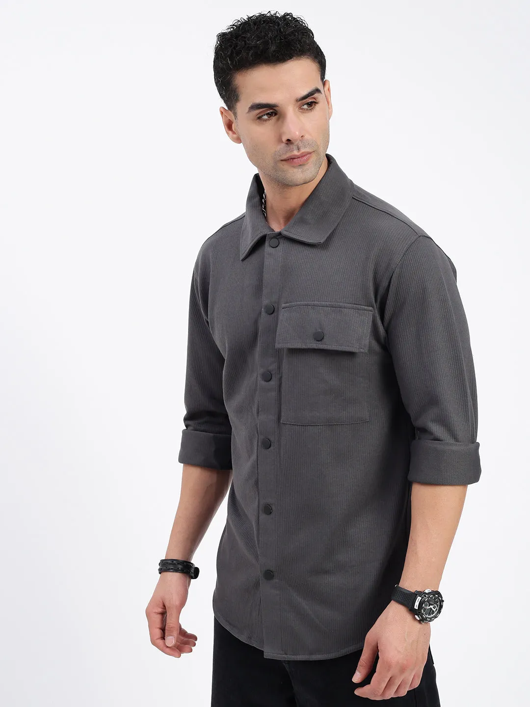 Men's Grey Standard Spread Collar Textured Cotton Casual Shirt Wind Glow