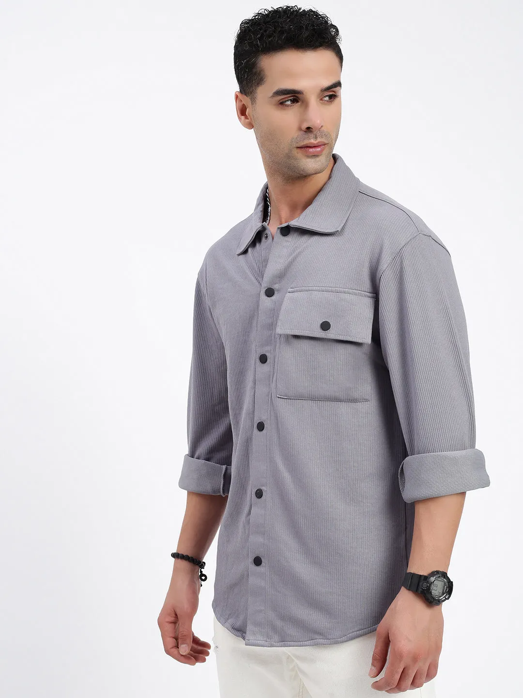 Stretchable Material SnagProofMaterial Men's Grey Standard Spread Collar Textured Cotton Casual Shirt