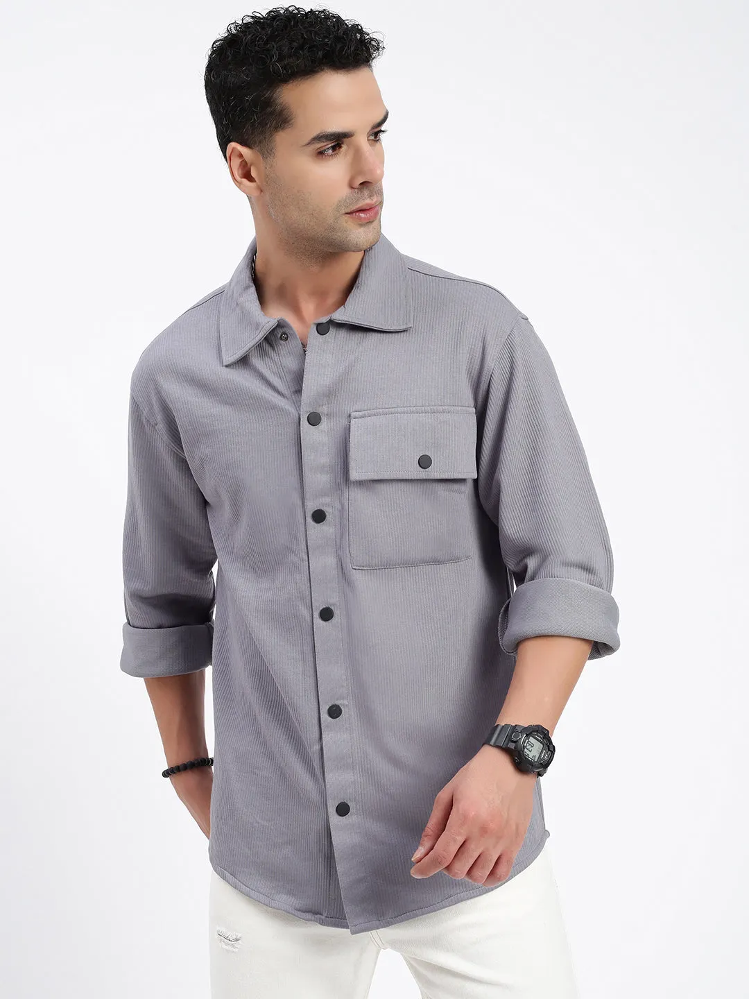 Men's Grey Standard Spread Collar Textured Cotton Casual Shirt AbrasiveReinforcedZones Warm Socks