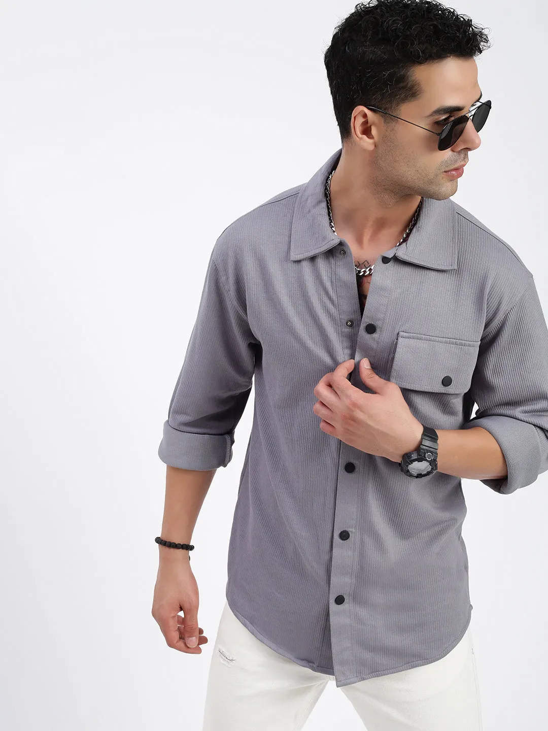 Men's Grey Standard Spread Collar Textured Cotton Casual Shirt TactileStitching Casual dress