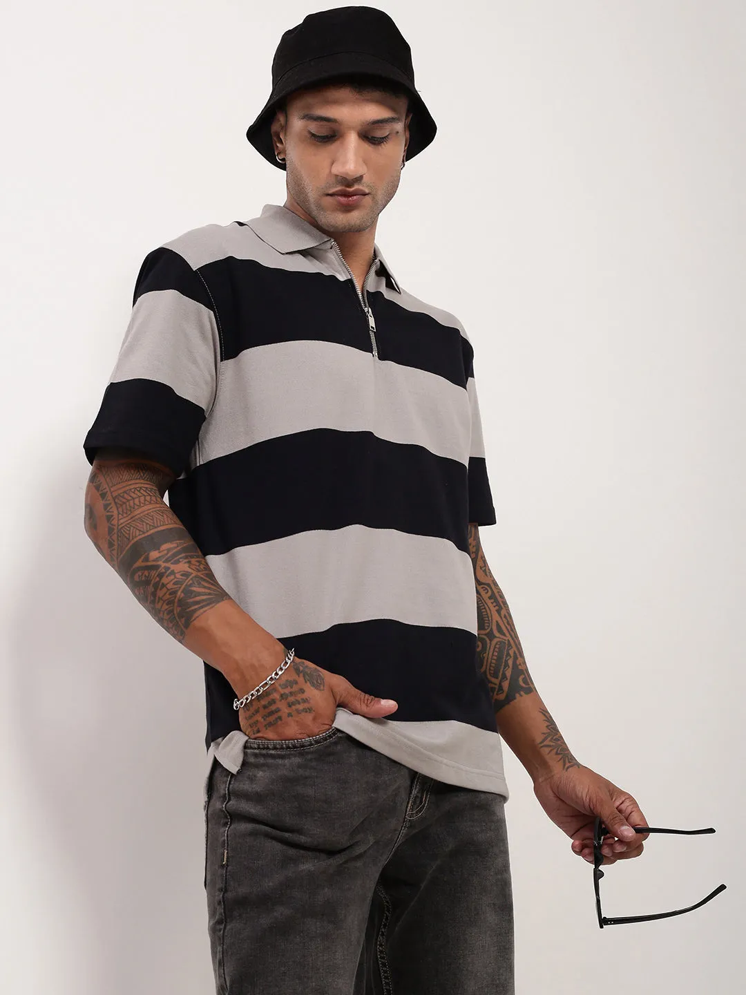 Men's Grey Striped Polo Collar Cotton T-Shirt product tribal energy Coffee Shop