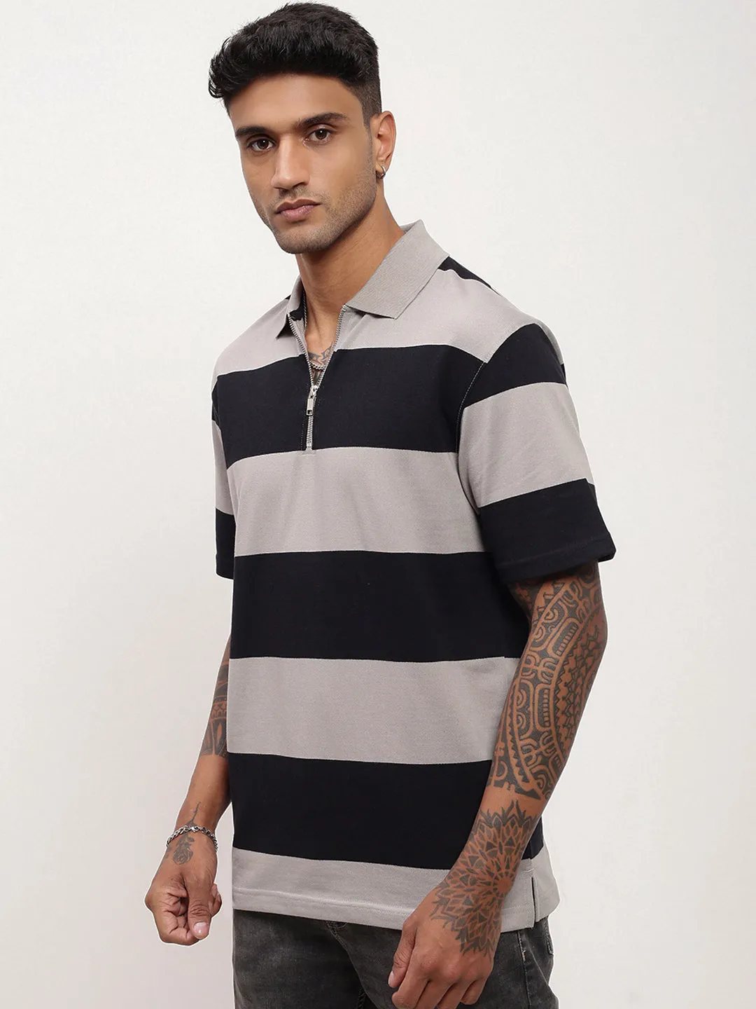 Men's Grey Striped Polo Collar Cotton T-Shirt Cozy Comfort goes with leggings