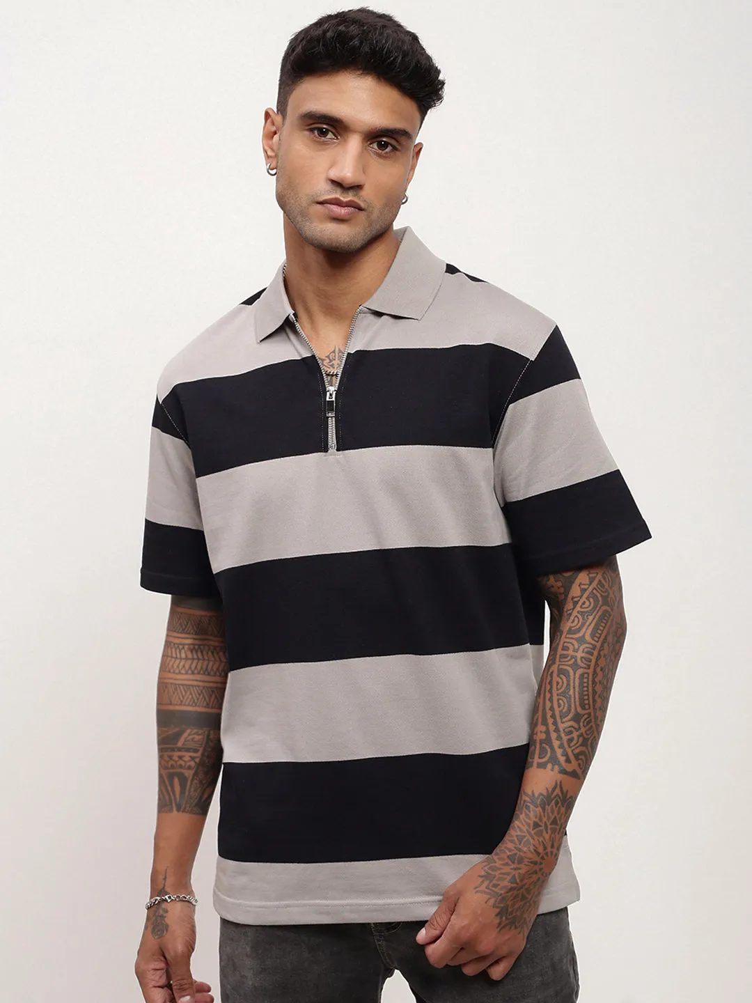 Practical Wear Corduroy Men's Grey Striped Polo Collar Cotton T-Shirt