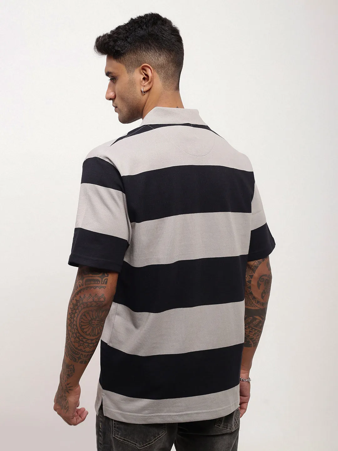 Men's Grey Striped Polo Collar Cotton T-Shirt Relaxed Apparel